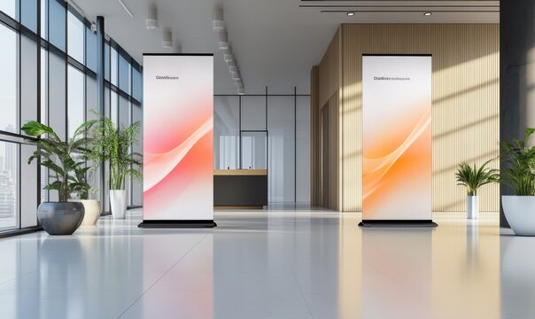 Mockup of two roll-up standee banners in a sleek office hall, designed for promotional events, offering ample space for branding and marketing messages. Perfect for office event setups.