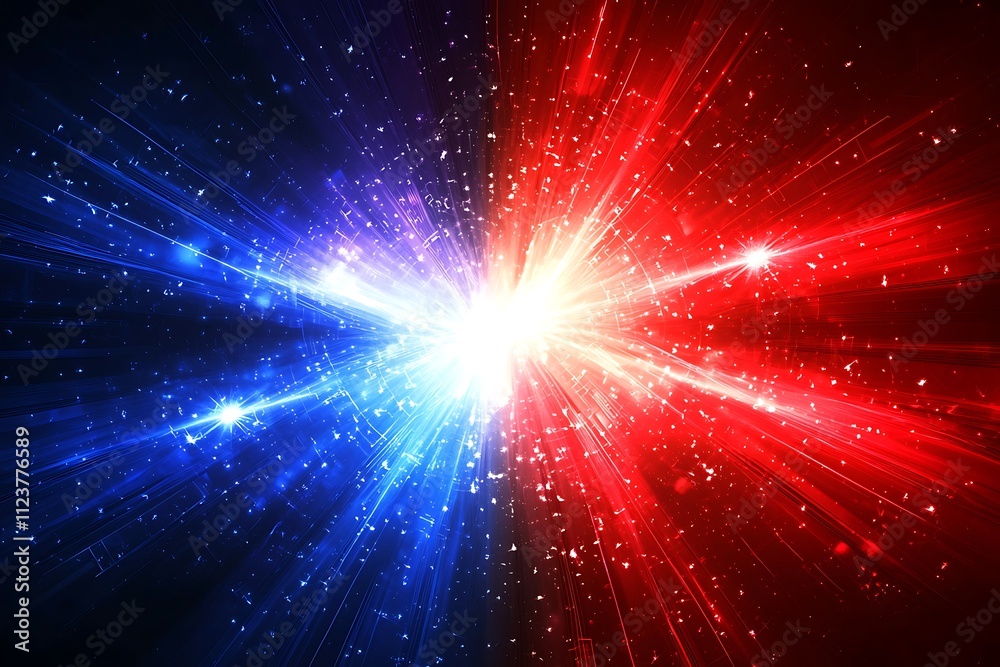 Wall mural red and blue glowing technology backdrop with burst lights and dynamic speed lines