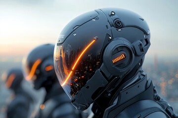 Fototapeta premium Futuristic humanoid robots standing on a skyscraper rooftop at dusk with glowing helmets and city skyline reflection