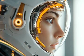 Futuristic astronaut prepares for space exploration with advanced technology in a sleek helmet design