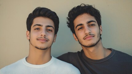 Fototapeta premium Two young men with similar facial features and haircuts are posing together, creating a sense of brotherhood and friendship, highlighted by their proximity and relaxed expressions