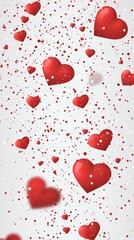 Red hearts are falling against a white background adorned with silver confetti, creating a romantic and festive backdrop perfect for valentine's day or other love-themed celebrations