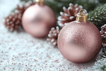 Festive holiday decorations with ornaments and pinecones.