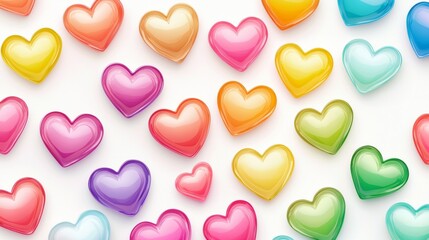 Obraz premium Glossy, colorful heart-shaped candies are arranged on a white background, creating a cheerful and festive backdrop perfect for valentine's day celebrations or romantic projects