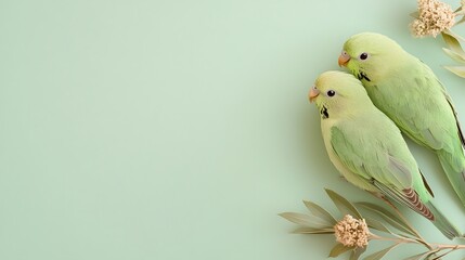 Two Green Parakeets Nestled Against a Soft Green Background