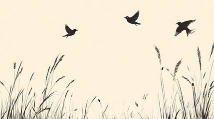 Obraz premium Silhouetted Birds Flying Over Tall Grass