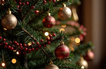 Obraz premium Close-up of a Christmas tree decorated with red, gold, and white ornaments
