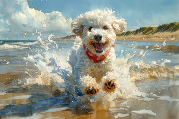 happy white dog with long hair playing in the sea waves. He wears a bright red bandana, which adds to his perky appearance.  