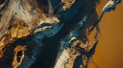 Naklejka premium Aerial view of coal mine machines digging polluting water