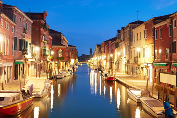 Canal in Murano at night, Venice Italy