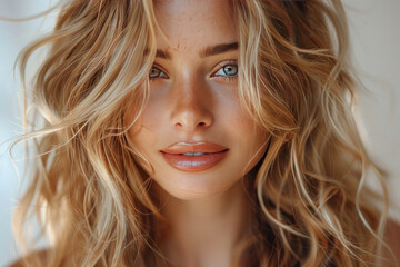 Naklejka premium young woman with delicate features. She has long blonde hair, slightly curly, and sea green eyes, full of warmth and light. 