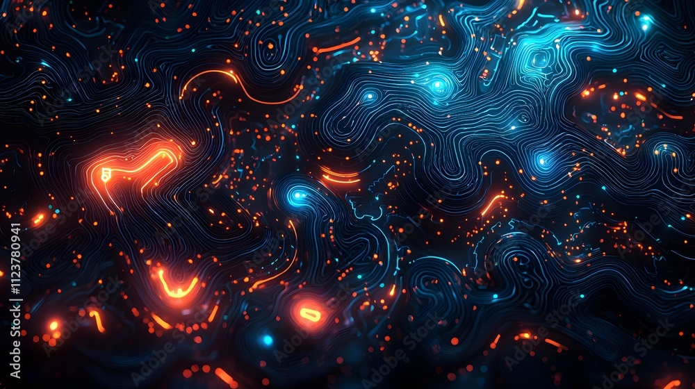 Canvas Prints vibrant orange and blue illuminated particle flow in a mesmerizing abstract dark background