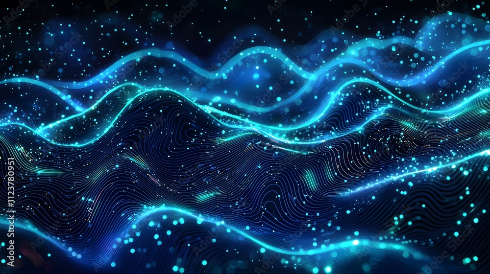 Poster wavy neon blue lines with shimmering particles on a deep abstract space-like background