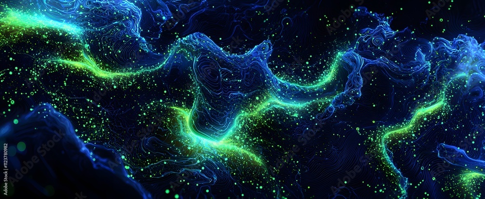 Canvas Prints luminous green energy stream with particle trails on a detailed dark abstract background