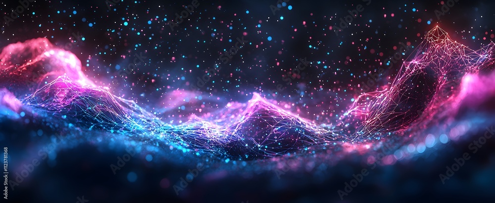 Sticker abstract glowing neon mountain-like network with vibrant pink and blue nodes against a dark starry b