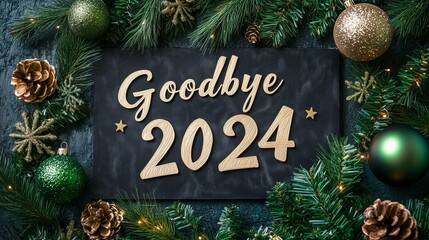 A black sign with the words "Goodbye 2024" written on it. The sign is surrounded by Christmas decorations, including pine cones and ornaments. Scene is one of farewell and nostalgia
