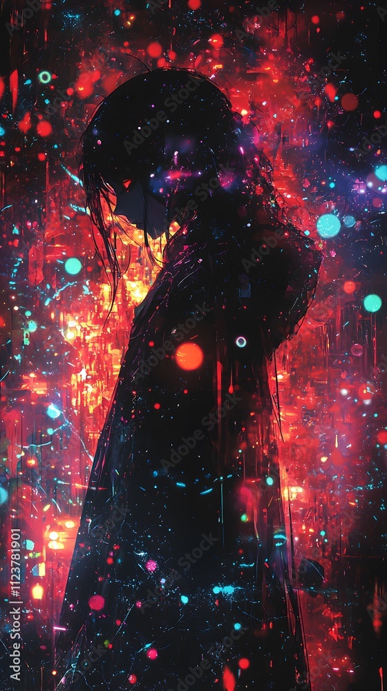 Wall mural silhouette of a mysterious figure surrounded by vibrant red and blue light particles in a moody abst