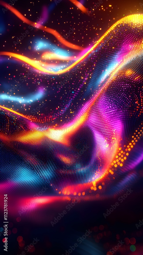 Sticker vivid abstract waves with multicolor dots and particle accents in an energetic and colorful dark bac