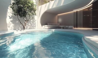Obraz premium Tranquil Paradise: Stylish Living Space and Breathtaking Pool