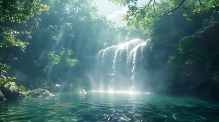 Majestic Waterfall Cascading into Crystal-Clear Pool in a Lush Forest