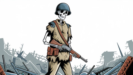 Naklejka premium Grim Soldier Amidst Ruins of War