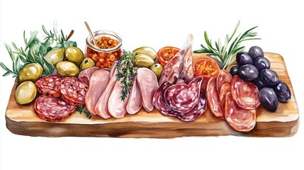 Charcuterie board with cured meats and olives Watercolor illustration of a charcuterie board featuring an assortment of cured meats, olives, and herbs on a wooden serving board 