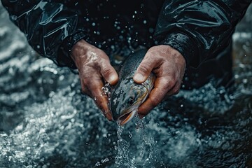 Fototapeta premium A fisherman releases wild Atlantic coho salmon into cold water. close up.