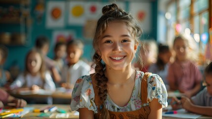 Teacher Guiding Children During Art Class in Colorful Classroom