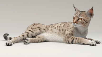 Obraz premium A tan and brown tabby cat lies on a white background, looking to its right.