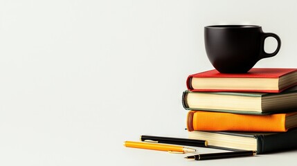 Fototapeta premium A pile of books, a mug of coffee atop them, and a pen balanced atop them