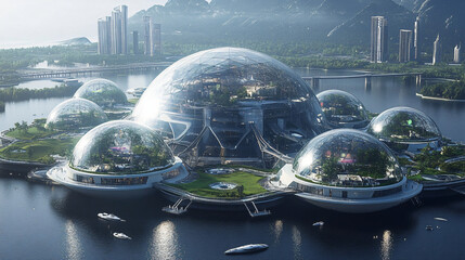A sprawling floating city on an asteroid, with parks and living spaces under glass domes and magnetic bridges connecting various sectors.