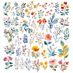 Illustration made with watercolors of a large collection of floral elements isolated on white. 