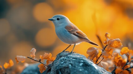 Fototapeta premium Small grey bird perched on rock, autumn leaves.