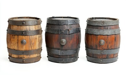 Fototapeta premium Vintage Wooden Barrels with Metal Bands Isolated on White Background