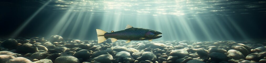 An underwater scene featuring a fish swimming above a rocky seabed illuminated by sunlight.