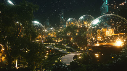 A starlit asteroid city with glass domes protecting vibrant green parks and scenic pathways, magnetically joined.