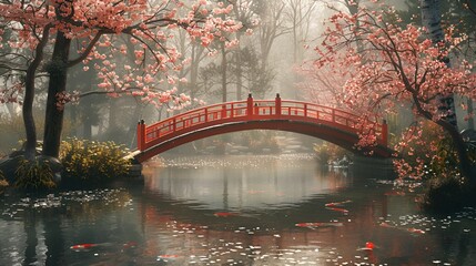 Tranquil Japanese Garden with Red Bridge and Blooming Cherry Blossoms