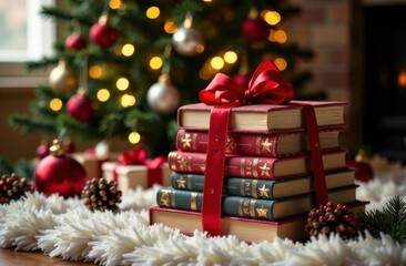 Stacked books with red and green covers tied with a festive ribbon in front of a Christmas tree.