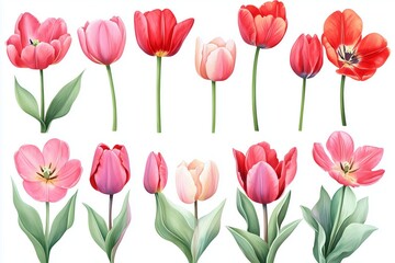 Fototapeta premium Set of Tulip flower soft pink and red color Watercolor, spring collection of hand drawn flowers , Botanical plant illustration , elegant watercolor ,white background 