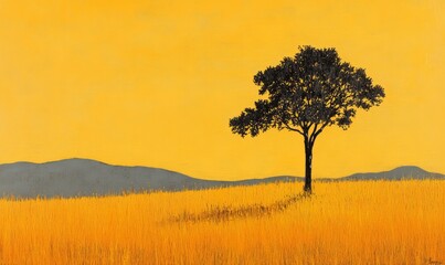 Obraz premium With a yellow-hued sky behind, a solitary tree stands out among yellow grass