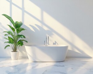 Fototapeta premium Serene bathroom with freestanding tub and plant. AI.