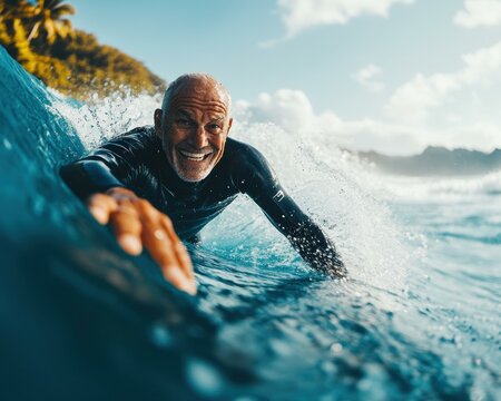 Happy surfer riding a wave. AI.