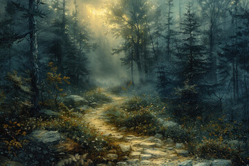 morning forest landscape with fog, illuminated by soft light penetrating through the trees and a rocky path leading deep into the forest.