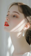 A woman with natural makeup and elegant earrings. AI.