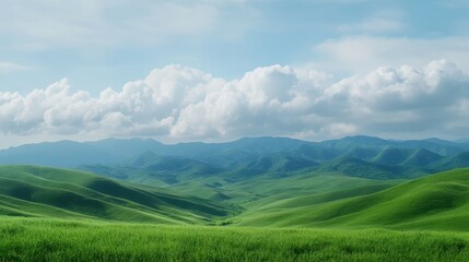 A stunning panoramic view of lush green hills under a bright blue sky with fluffy clouds, ideal for nature-themed projects, travel brochures