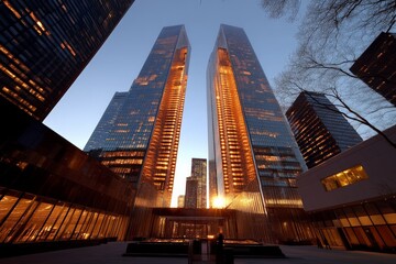 Fototapeta premium Modern skyscrapers reflect sunset hues in a vibrant urban landscape