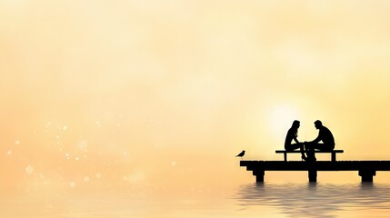   A pair of individuals lounging on a park bench beside a serene lake, with a majestic avian perched upon the edge