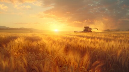 Golden Wheat Harvest Scene with Combine Harvester in Action