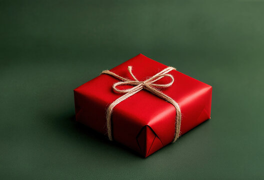 Luxury red gifts box natural ribbon green background, birthday, Christmas, copy space, advertisement	