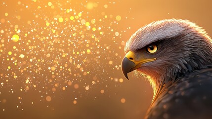   A zoomed-in image of a hawk perched against a warm brown and sunny yellow backdrop, with subtle specks of radiant light